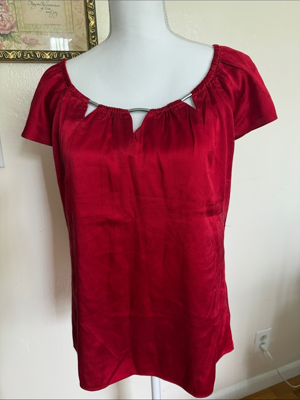 White House Black Market Red Short-Sleeve Satin Blouse with Silver Neck Accent